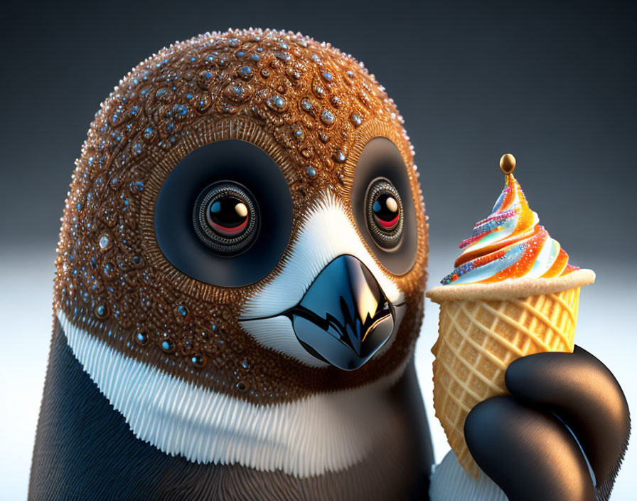 Detailed Animated Penguin with Ice Cream Cone in Soft Background