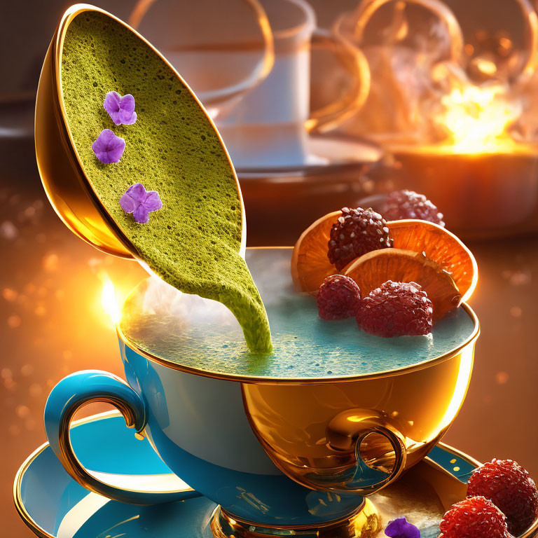 Blue Teacup with Aqua Potion, Berries, and Fiery Background