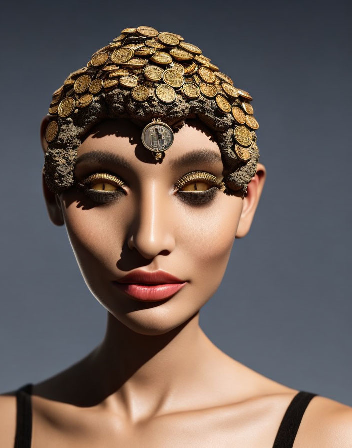 Woman with Golden Coin Headdress and Dark Eye Makeup in Elegant Pose