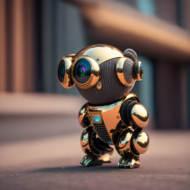 Small Golden Robot with Large Eyes on Pavement Background