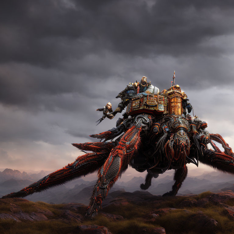 Giant ornately decorated mechanical spider and flying drone in rocky landscape