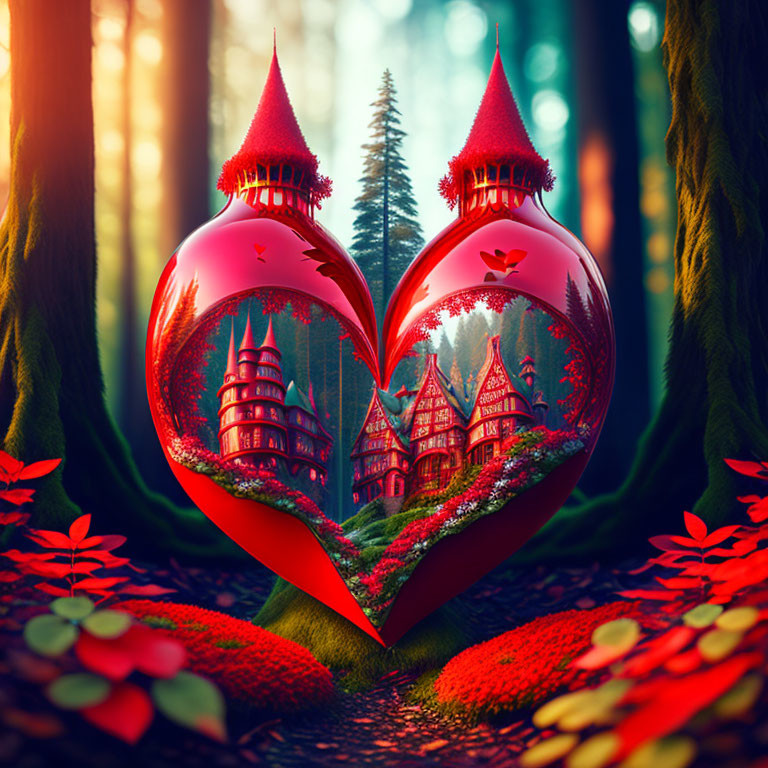 Fantasy heart-shaped structure with spired towers in a forest oasis