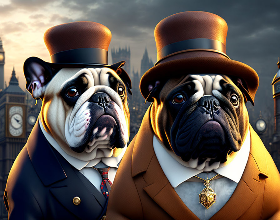 Stylized bulldogs in formal attire with top hats in front of Big Ben