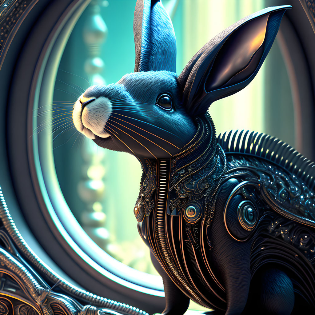 Detailed digital illustration of mechanical rabbit near round-framed mirror reflecting blue light