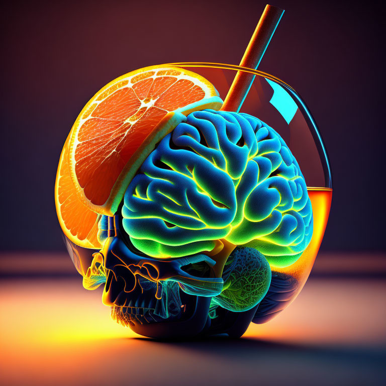 Vibrant digital art: human brain in transparent skull with orange slice and straw