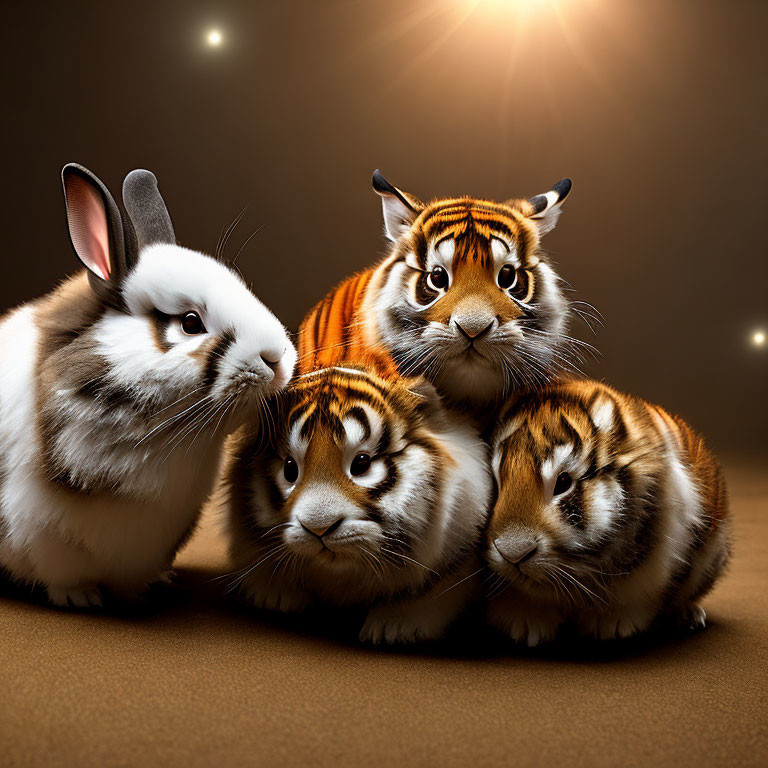 Digital Art Image: Three Tiger Cubs and Lop-Eared Rabbit with Enhanced Fur Detail