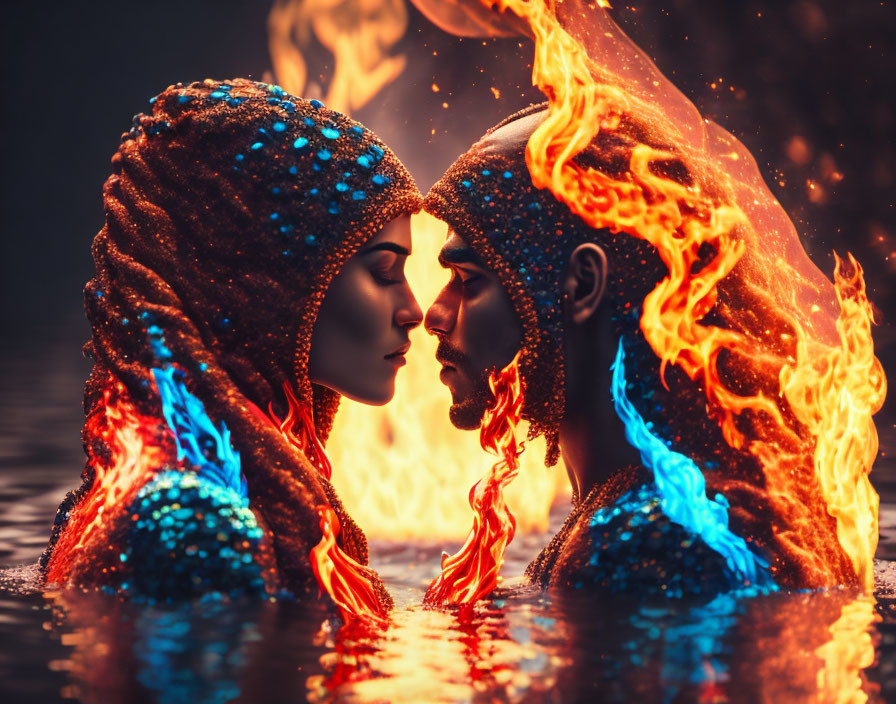 Elemental-themed body art: Water vs. Flames close-up duel