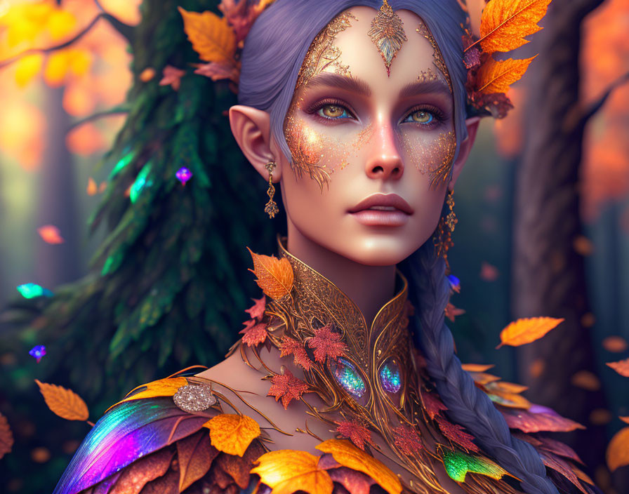 Fantasy portrait of an elf with purple hair and autumnal forest background