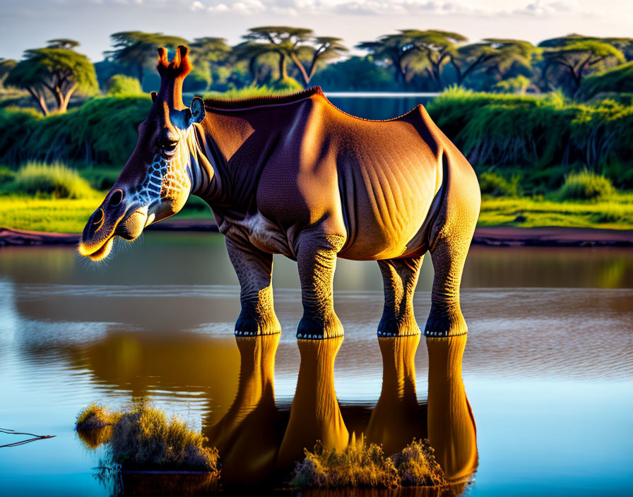 Hybrid animal with giraffe head and rhinoceros body near water at sunset