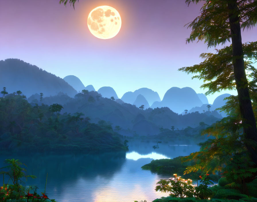 Tranquil dusk landscape with full moon, misty mountains, and calm lake