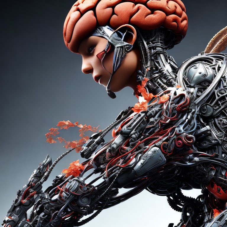 Detailed Close-Up of Female Cyborg with Exposed Mechanical Parts