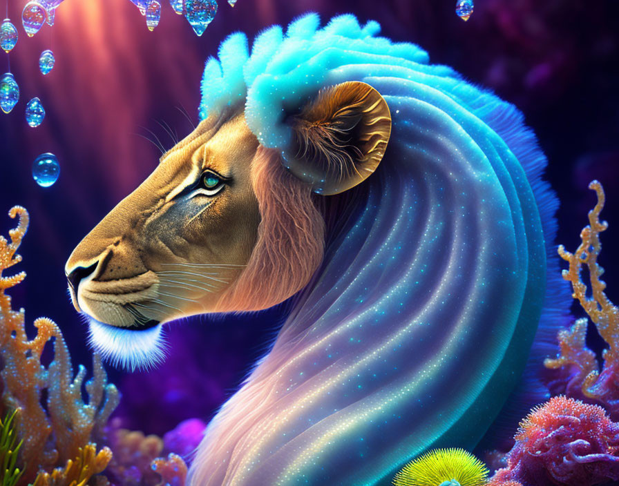 Colorful Lion Artwork with Ocean Wave Mane and Underwater Theme