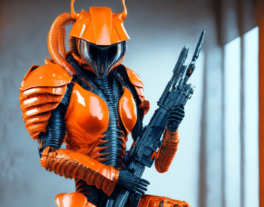 Futuristic soldier in orange and black armor with alien-like helmet & segmented gear