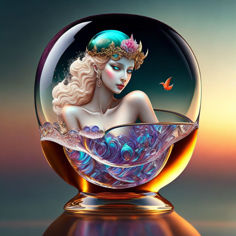 Colorful Stylized Woman Bust in Crystal Ball with Butterfly