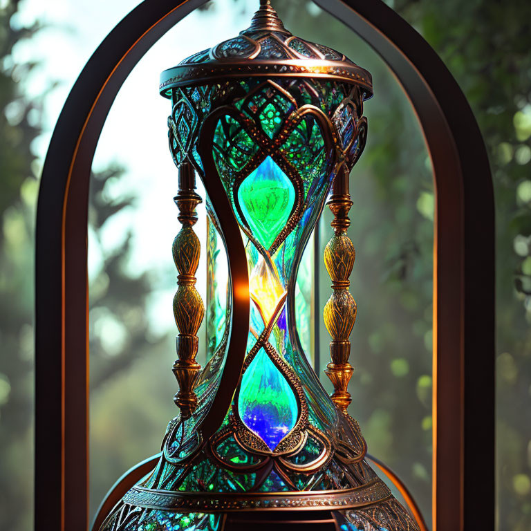 Glowing blue center in ornate hourglass against forest backdrop