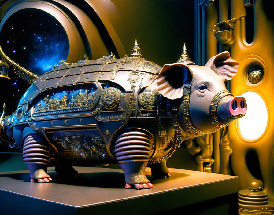 Steampunk-style mechanical pig sculpture with intricate gears in cosmic room