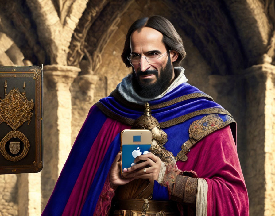 Historical figure in royal attire with smartphone and book fusion