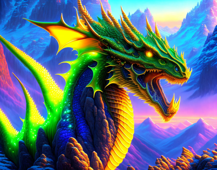 Colorful Dragon Artwork Against Mountain Sunset Landscape