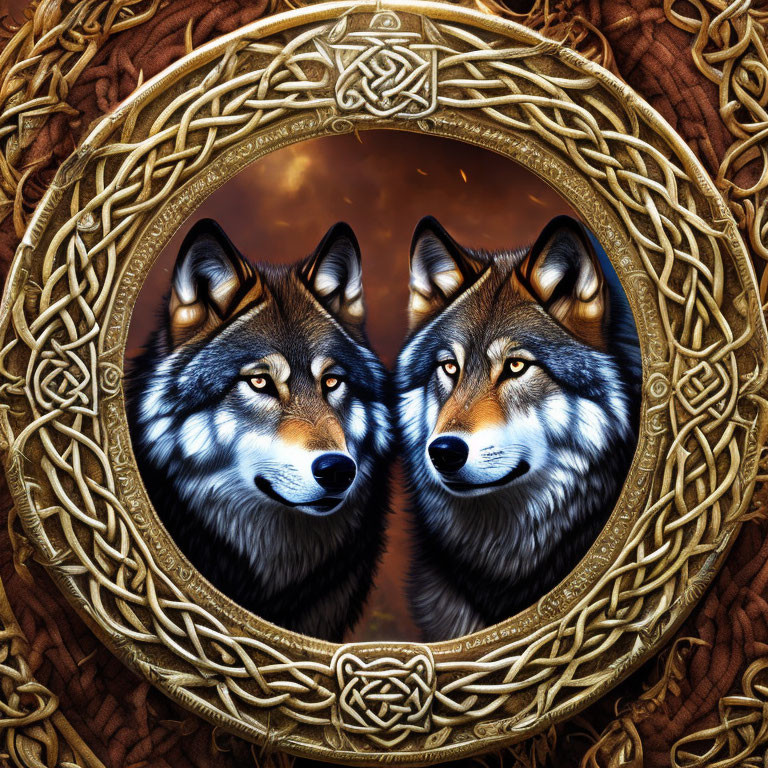 Symmetrical wolves in Celtic knot frame on warm backdrop
