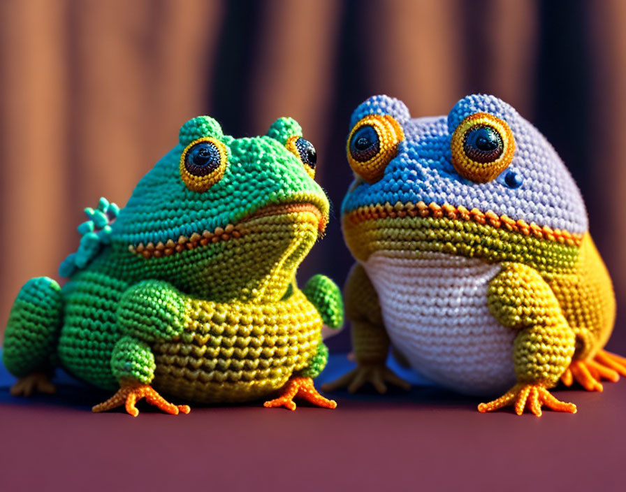 Colorful Crocheted Frogs with Prominent Eyes on Striped Backdrop