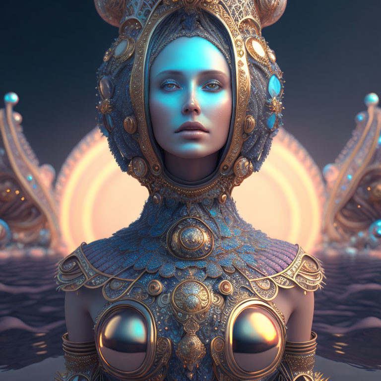 3D image of woman in ornate golden and blue armor with headdress amid symmetrical structures.