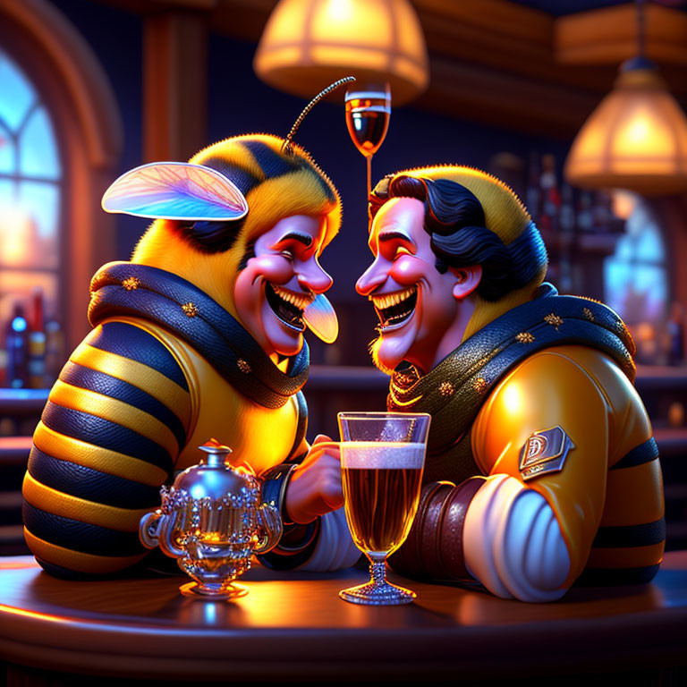 Animated bees in a bar toasting drinks and smiling