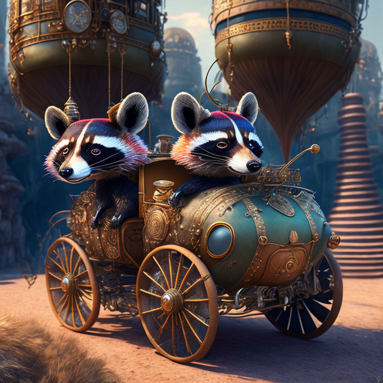 Steampunk-style vehicle with two raccoons and hot air balloons