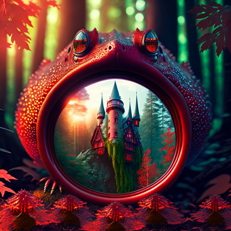 Fantastical scene: castle in giant frog's mouth in mystical, glowing forest