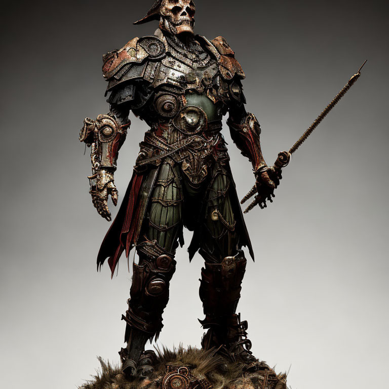 Menacing figure in skull-themed armor with flail on neutral background