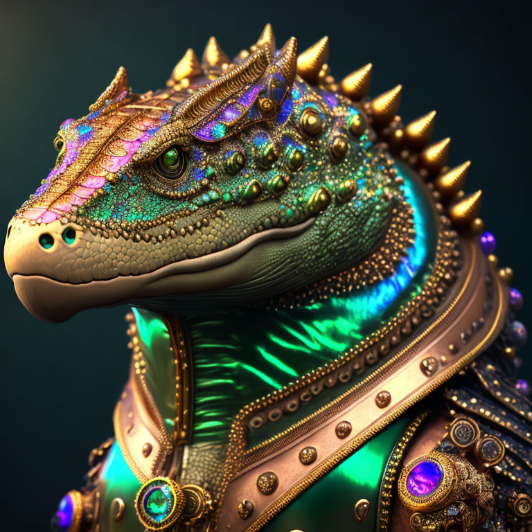 Fantastical iridescent dragon with golden horns and detailed scales on dark background