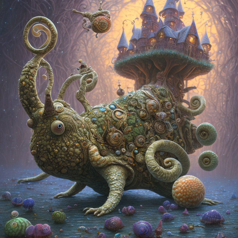 Whimsical chameleon-like creature with spiral horns carries castle on misty, snail-covered landscape