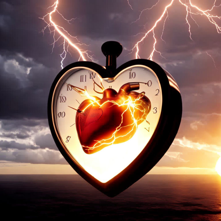 Heart-shaped pocket watch with human heart, lightning bolts, ocean sunset.