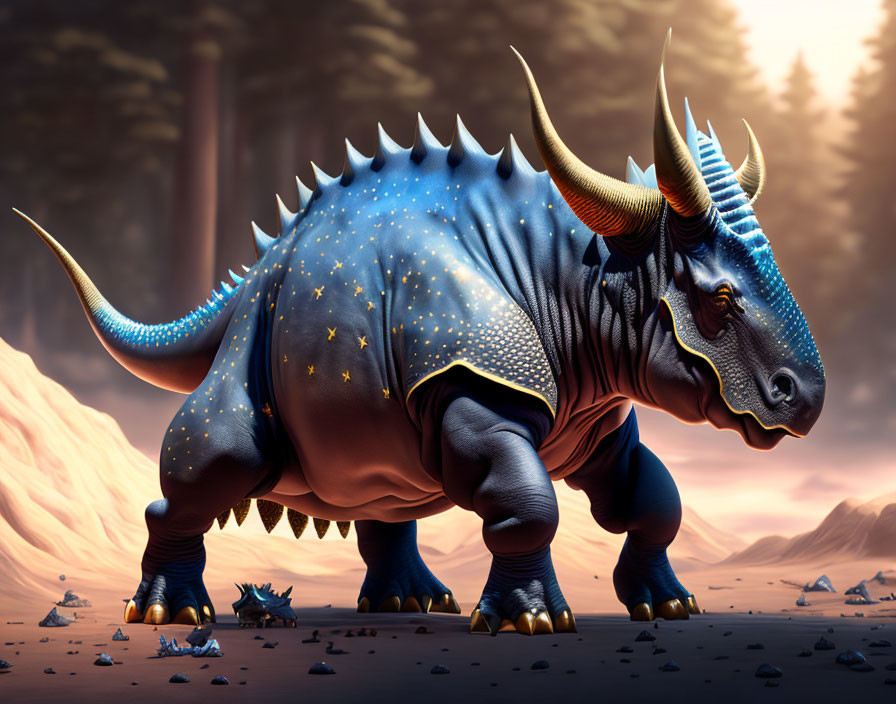 Majestic cosmic-themed dinosaur in twilight landscape