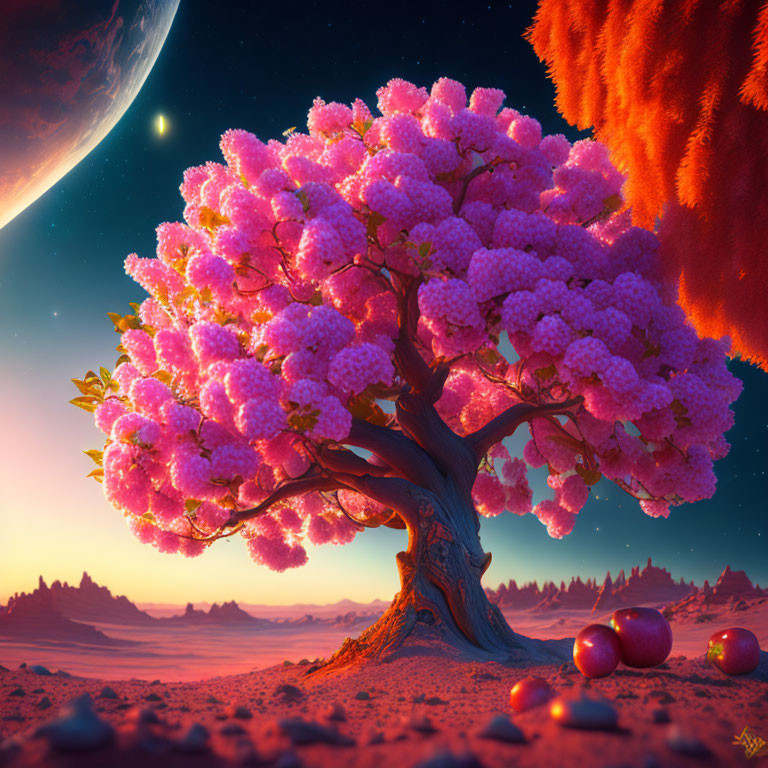 Vivid pink blooming tree in surreal landscape with red terrain and two moons