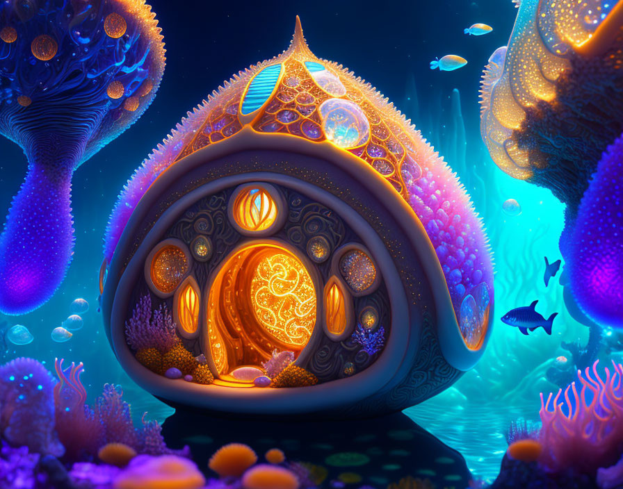 Vibrant Fantasy Underwater Scene with Sea Creature House