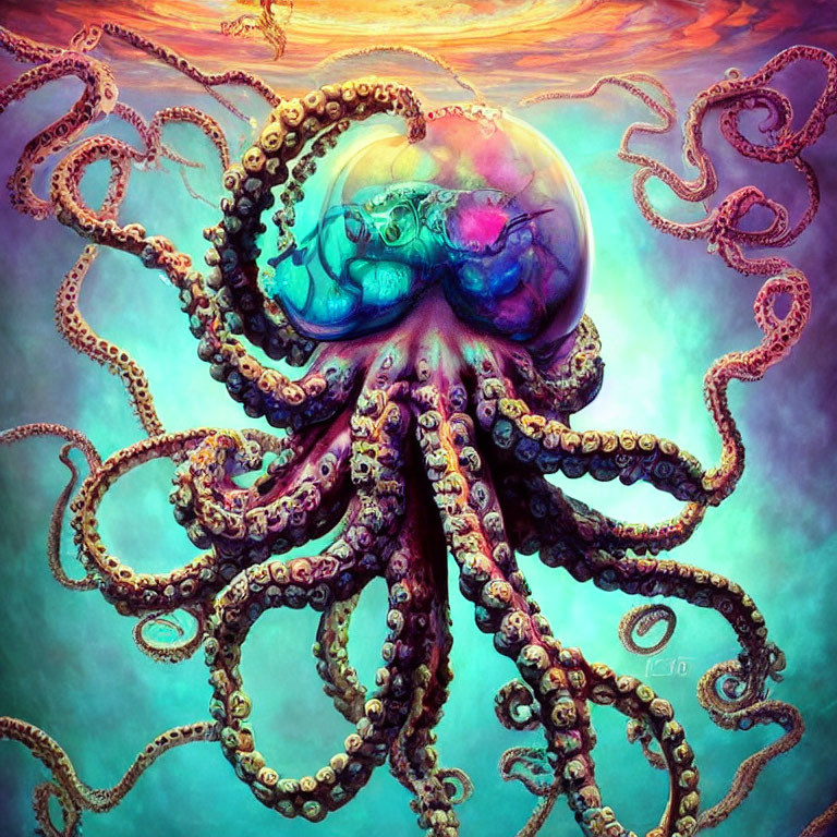 Colorful surreal octopus illustration with intricate patterns on tentacles