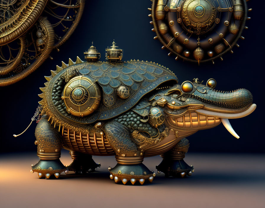 Steampunk-style mechanical alligator with intricate gears and metalwork