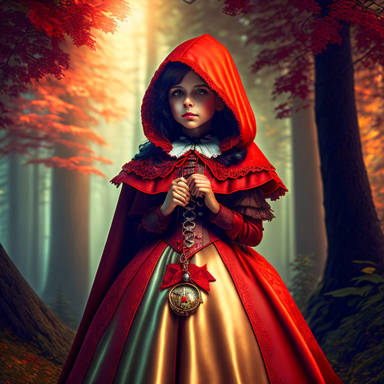 Girl in Red Hooded Cloak with Ornate Key in Mystical Forest