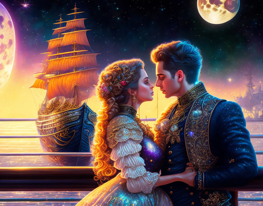 Fantasy illustration of couple in ornate clothing on ship deck under starry sky