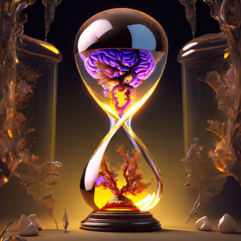 Hourglass with brain and tree, surrounded by leaves and eggshells under soft glow