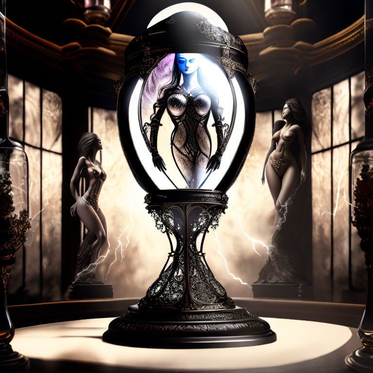 Ornate hourglass with woman figure and mystical light creates enchanting scene