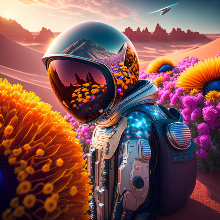 Astronaut in futuristic suit surrounded by vibrant flowers and desert landscape