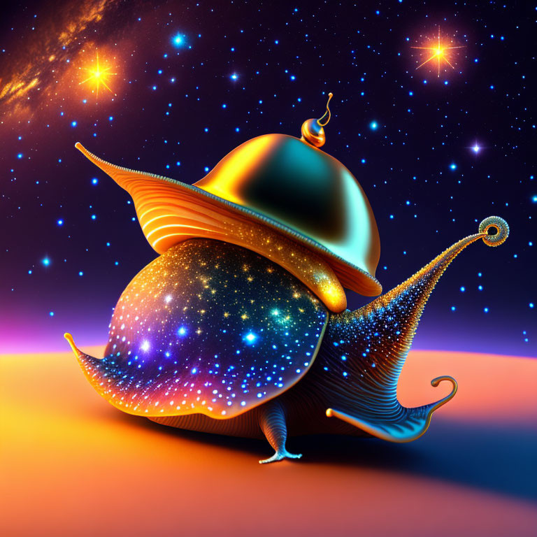 Colorful digital artwork: Snail with golden shell in cosmic setting