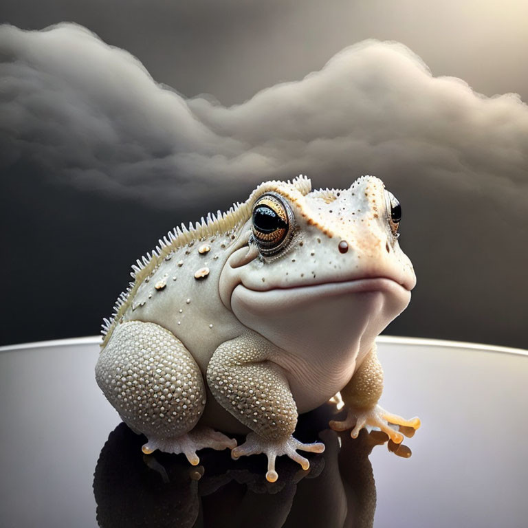 White Frog with Textured Skin and Yellow Feet Under Cloudy Sky