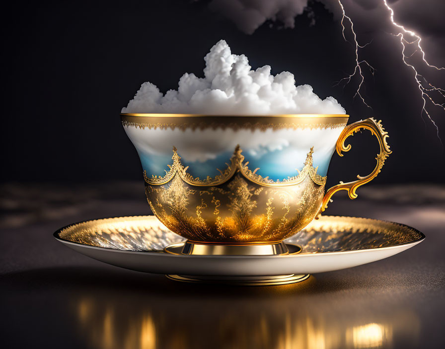 Golden Cup on Saucer with Storm Clouds and Lightning in Dark Background