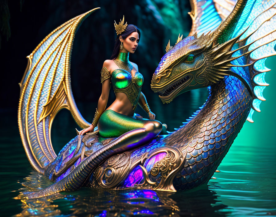 Fantasy illustration of a woman in dragon-themed armor riding a serpentine dragon in mystical grot