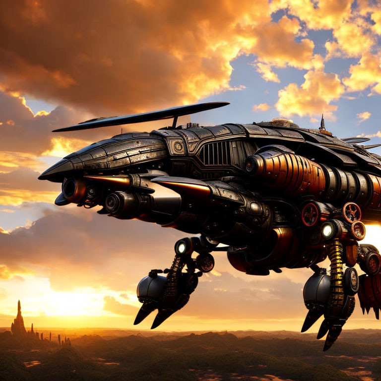 Detailed futuristic spaceship flying over sunset landscape with dramatic clouds.