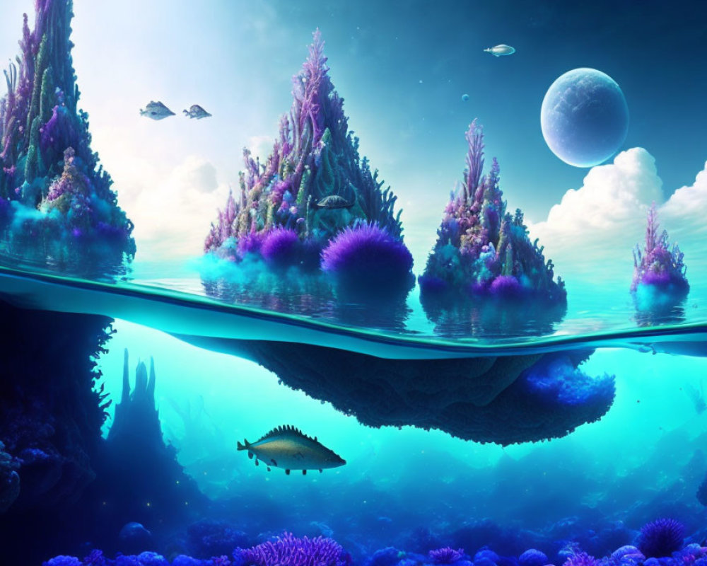 Colorful Underwater Landscape with Floating Islands and Alien World Atmosphere