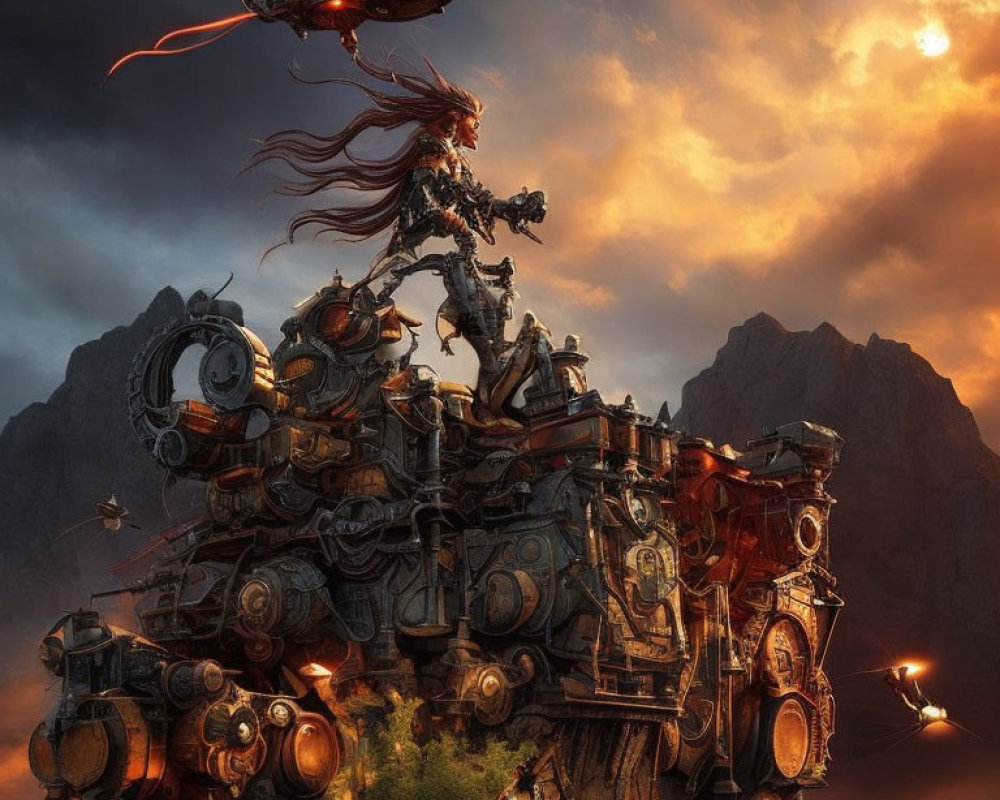 Warrior on Steampunk Mechanical Structure under Dramatic Sky