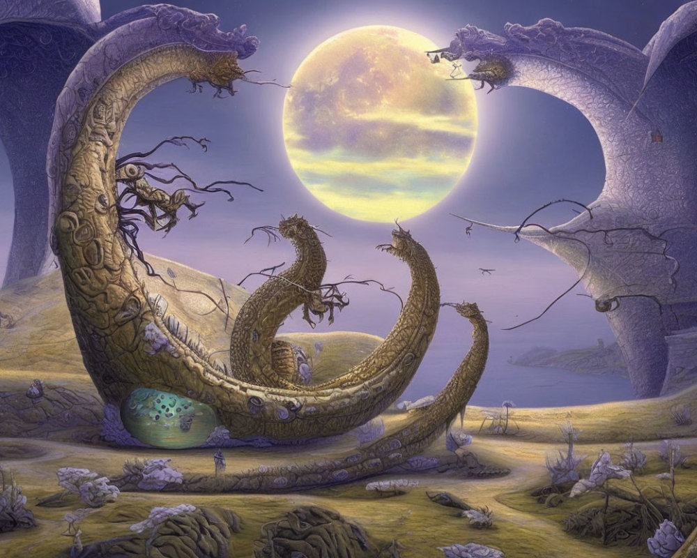 Fantastical landscape with moon, dragon, egg, and titanic creatures at twilight